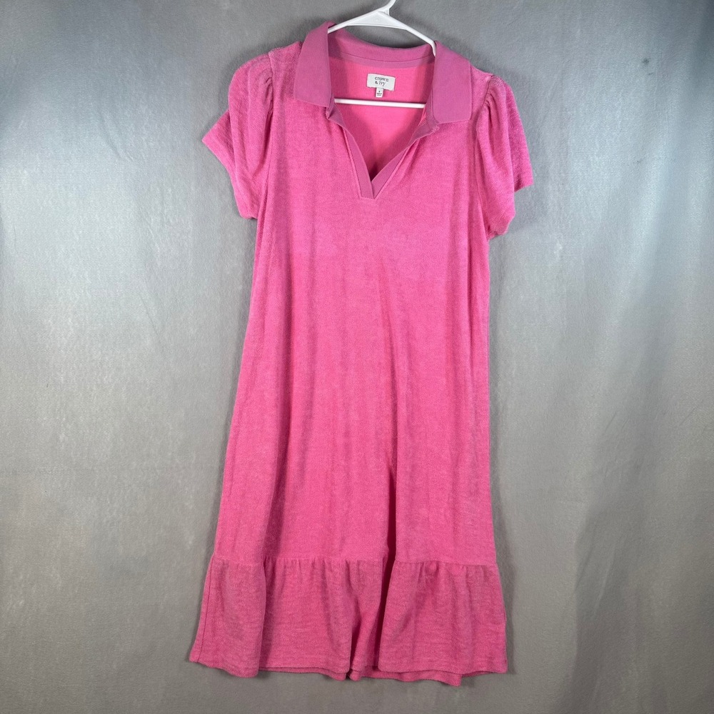 Crown & Ivy Pink Terry Cloth Polo Dress Ruffle Hem Short Sleeve Womens Small